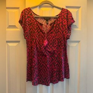 INC International Concepts Red Black Front Tie Boho Chic Blouse• Large